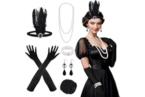 FEPITO 1920s Accessories Set Flapper Headband Necklace Earrings Long Black Gloves Boa Great Gatsby Theme Party Accessories