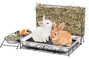 MASXIRCH 3 in 1 Rabbit Hay Feeder with Litter Box, Metal Bunny Hay Feeder with Toilet and Bowls, Small Animal Hay Rack Holder for Guinea Pig Hamster Rabbit Bunny