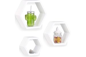 Relaxdays 10021897_49 Set 3 Mensole da Parete, Esagonali, Decorative, Legno MDF, per Soggiorno, Cameretta, Bianco