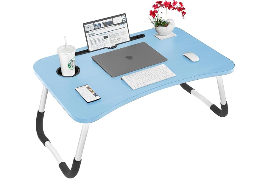 Gald Laptop Stand with Cup Holder, Portable Wooden Folding Tray, Height Adjustable Desk for Home Office, Eating, Study & Read