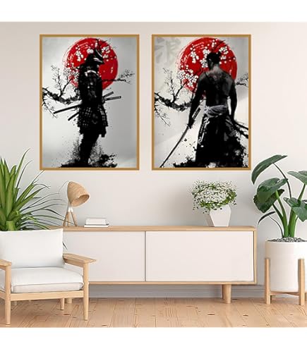 Art Mural Guerrier Samouraï - Impression Sur Toile Encadrée, Style Japonais Ancien, Prête à Accrocher