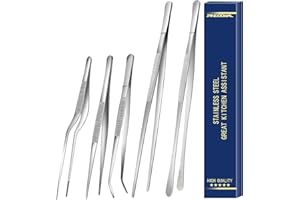 TANGOOWAL 5 Pcs Cooking Fine Tweezers Tongs, Stainless Steel Food Tweezers Set, Professional Kitchen Long Tweezer for Cooking,Repairing,Sea Food,BBQ,Multi-use(12"and 6.3")