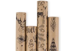 RUSPEPA Rouleau De Papier D'Emballage De Noël - Papier Kraft Marron Avec Papier D'Impression D'Éléments De Noël Noir - 4 Rouleaux - 76 cm X 305 cm Par Rouleau