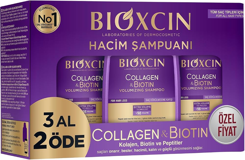 Bioxcin Collagen & Biotin Hacim Şampuanı | 3 x 300 ml | İnce Telli ve Hacimsiz Saçlar İçin | Hidrolize Kolajen + Biotin + BioComplex B11