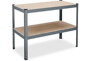 Relaxdays Banco de Trabajo, para hasta 150 kg, Mesa Taller, 2 Niveles Ajustables, 90x120x60 cm, Acero y MDF, Antracita