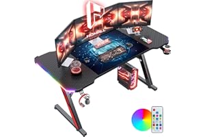 Homall Gaming Desk with LED Lights 160 x 60 cm Large RGB Gaming Desk Z Shaped Computer Table PC Gaming Table for Home Office with Mouse Pad, Cup Holder and Headphone Hook, Black