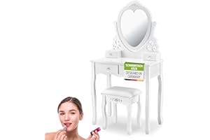 Juskys tocador Julia con Espejo, Taburete y 4 cajones - 74 x 40 x 138 cm - Estilo rústico - MDF Madera - Mesa de Maquillaje tocador cómoda - Blanco