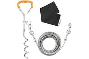 Yideng 32.8ft(10m) Dog Tie Out Cable with 17.7 inches(45cm) Heavy Duty Spiral Ground Stake Spike Extra Long Steel Dog Outdoor Tie Out Lead Leash for Dog Up to 130 lbs with Carry Bag (Yellow)