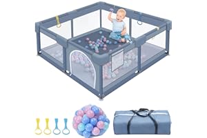 KURO-SAGOL Laufstall Baby 130x130cm, 30 Spielbällen – Kinder Sicherheits-Spielplatz mit rutschfestem Boden, atmungsaktivem Netz, 4 Kletterringen & Tragetasche, Grau