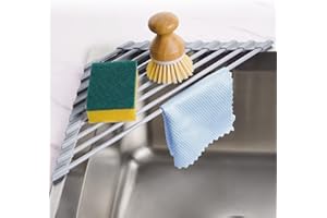 Tomorotec Scolapiatti arrotolabile triangolare, piccolo, pieghevole, rivestito in silicone, per angolo del lavello, organizer da sopra il lavello, organizer per scolapiatti e salvaspazio, multiuso da