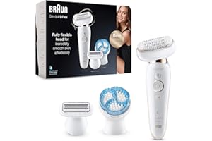 Braun Silk-épil 9 Flex Epilator With Flexible Head for Easier Hair Removal, Electric Shaver & Trimmer, Exfoliator, Pressure Guide, Wet & Dry, UK 2 Pin Plug, 9-010, White/Gold