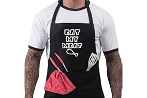BANG TIDY CLOTHING BBQ Aprons for Men, Funny Cooking BBQ Apron in Black Cotton, Adjustable with 2 Pockets, Birthday, Christmas, Cooking Gifts for dad, chef, husband, him - Eat My Meat