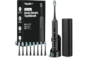 ‎YTEATH PRO Elektrische Schallzahnbürste für Erwachsene & Kinder, 5 Putzmodi mit 3 Intensitätsstufen, Timer, 8 Ersatzbürstenköpfe & Reiseetui, Wiederaufladbare Sonic Toothbrush Schwarz