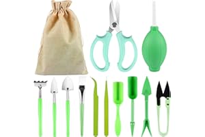 ZeYou 13PCS Outils de Jardin Kit Bonsai, Mini Outils Jardinage Pour Plantes D'intérieur et Culture Professionnelle de Bonsai, Outils Bonsai Avec Sac de Rangement Portable, Sécateur, Râteau(Vert)