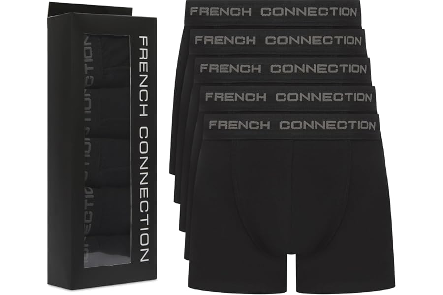 French Connection Mens Boxers – 5-Pack Gift Box, Premium Cotton Stretch Underwear, Breathable & Comfortable
