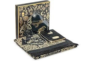 ‎IHVAN ONLINE ihvan online Gebetsgeschenk Set für Männer und Frauen, Muslimischer Taft Gebetsteppich, Yaseen Buch, Salah Matte, Perlen Rosenkranz, Islamisches Geschenk für Ramadan & Eid & Mitgift, Schwarz
