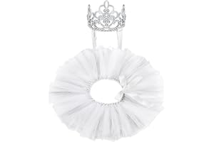 HILLBAN 2 Pcs Dog Crown Headband Dog Tutu Dress Set Crystal Rhinestone Dog Tiara Crown Tutu Skirt Dog Dress Cute Pet Costume for Puppy Dog Birthday Party Wedding Photo Prop Costume (White,Large)