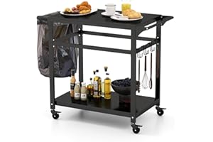 KOMFOTTEU Carrello Barbecue con Ruote in Metallo, Carrello per Grigliare con Tavolo da Lavoro, 2 Ripiani e Ganci, Carrello da Pranzo per BBQ per Esterni, Nero