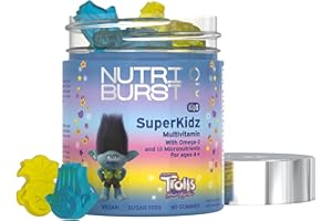 Nutriburst TROLLS SuperKidz - Chewable Multivitamin for Health, Growth & Development - 13 Essential Nutrients: Vitamin A, B12 C, D3, E, Iron, Omega-3 - Vegan + Sugar Free - Orange Flavour - 60 Gummies