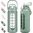kytffu 56oz Glass Water Bottles with Straw, Motivational Glass Bottle with Silicone Sleeve and Time Marker, Leakproof Large Glass Water Jug for Gym Home Office,Olive
