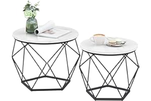 VASAGLE Tavolino da CaffÈ Rotondo, Set di 2 Tavolini ad Incastro, Stile Moderno, Piano Rimovibile, Struttura in Acciaio, Adatto per Soggiorno, Bianco e Nero LET040B59