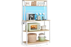 VASAGLE Scaffale da Cucina con LED, Scaffale per Microonde con Multipresa, Ripiani Regolabili, 8 Ganci, 40 x 80 x 168,4 cm, Rovere Dorato e Bianco Opaco KKS050YA01