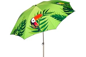 AKTIVE Parasol de plage tropical, 200 cm, design photoréaliste, mât en acier, inclinable et réglable en hauteur, tissu polyester, protection UV40, grands parasols, housse de transport avec poignée