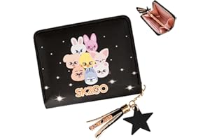 SOSAYI Stray Noir Fille Portefeuille pour Stay, Stray en Cuir PU avec Fermeture éclair et Pendentif étoile, Skzoo pour Enfants avec 1 Autocollant 3D SKZ et 2 SKZ Photocard