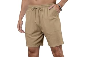 Ryehack Men's Cotton Linen Shorts Casual Short Elastic Waist Pants Summer Beach Shorts with Pockets M-3XL