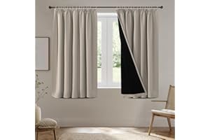 BellaHills 100% Blackout Curtains for Bedroom Thermal Insulated Curtains & Drapes for Living Room Short Window Curtain Pencil Pleat Back Tab Rod Pocket 2 Panels, W66 X L54, Natural Sand
