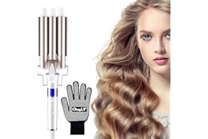 CkeyiN 3 Barrel Curling Iron Wand Hair Waver with LCD 16 Temperature Control Display, Ceramic Tourmaline Crimper Hair Iron with Glove, Dual Voltage for All Hair Types Crimper Beach Waving Styling