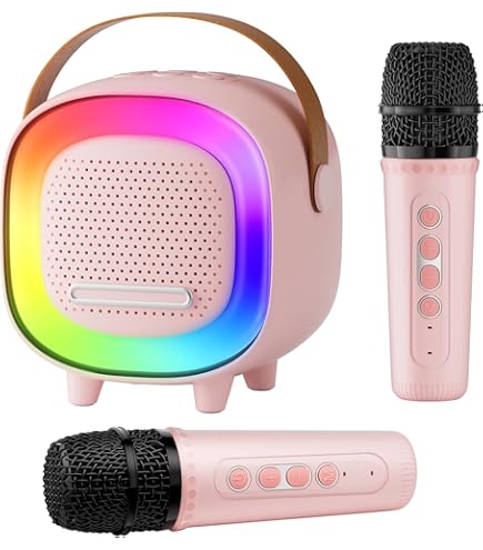 Fede Karaoke-machine voor kinderen en volwassenen, mini-karaoke-machine met 2 draadloze microfoons, draagbare bluetooth-luidspreker met stemveranderingseffecten en ledlampen, het beste cadeau