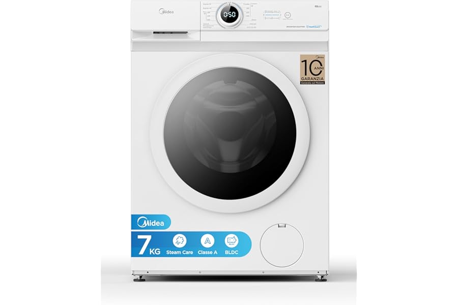 Midea MF10EW70B Slim Front Load Washing Machine, 7 kg, 1400 RPM, Class A, Steam, BLDC Motor, Quick Programme, Various Water Temperature, White