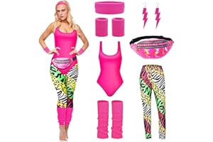 DAZZTIME 80er Jahre Outfit Damen,Damen 80er Jahre Workout Kostüm,80er Jahre Accessoires,mit Bauchtasche,Stirnband, Beinwärmer,90er Jahre Outfit Damen,für Karneval und Halloween Partie