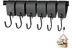 NVGVUP 6 sztuk haczyków w kształcie litery S ze skórzaną szlufką, czarne wieszaki na ubrania, haczyki do wieszania, wieszak na ubrania, wieszak na rzeźnik skórzany
