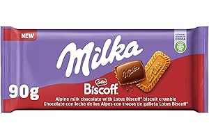 Milka Tableta de Chocolate con Leche de los Alpes con Galleta Lotus Biscoff, 90 g