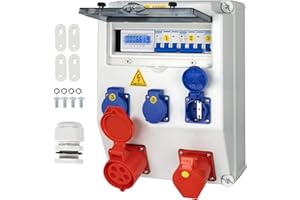 CHENGPI Baustromverteiler,IP65 Wasserdicht Stromverteiler mit Leitungsschutzschalter und Stromzähler, Wandverteiler mit IP54 230V/16A Schuko Steckdose und 380V/16A CEE Steckdose,Socket Box