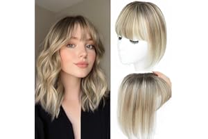 SEA SINGING Hair Toppers for Women Human Hair with Bangs Hand-stitched 360°3D Coverage Natural for Thinning HairPieces for Women with Thinning Hair Swiss Base Ombre Light Brown with Blond Highlight（2T613）