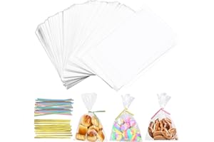 Tigvio 200pcs Cellophantüten 15x10cm Klarsichttüten zum Befüllen, mit Cellophantüten Klein und Metallbänder, als Kleine Tüten für Süßigkeiten auf Partei, Zellophantüten Durchsichtige Tüten