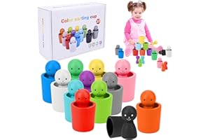 Dandin Colour Sorting Cups, 12Pcs Peg Dolls In Cups Colour Sorting Toys for Toddlers, Wooden Stacking Cup, Color Matching Toys, Color Sortings Montessori Sensory Toy, Color Recognition Playset