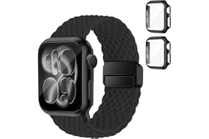 SOLOLUP Geflochtenes Armband+Hard PC Schutzhülle für Apple Watch Armband SE 3/2 Series 11 10 9 8 7 6 5 4 3 Damen Herren,Elastisch Magnet Nylon Strap+2 Hülle für iWatch Band 40/41/38/42 mm-Serie 11/10