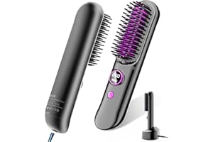 ALLJIA Cordless Hair Straightener Brush for Travel ON-The-GO, 8400mAh Hot Brush Hair Straighteners USB Rechargeable Portable Smoothing Heated Styling Comb with Exclusive Charging Dock