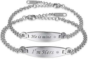 JewelryWe Schmuck Curb Kette Armband mit Gravur Partnerarmband aus Edelstahl Pärchen Armreifen für verliebte Herren Damen Geschenkset