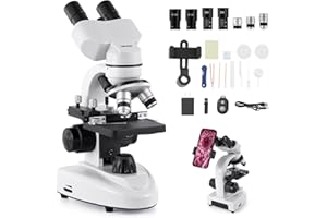 VEVOR Microscope Binoculaire Professionnel, Kit de Microscope Composé avec Grossissement 40-2000X, Corps en Alliage d'Aluminium, Éclairage LED et Support de Téléphone Inclus, pour Laboratoire, École
