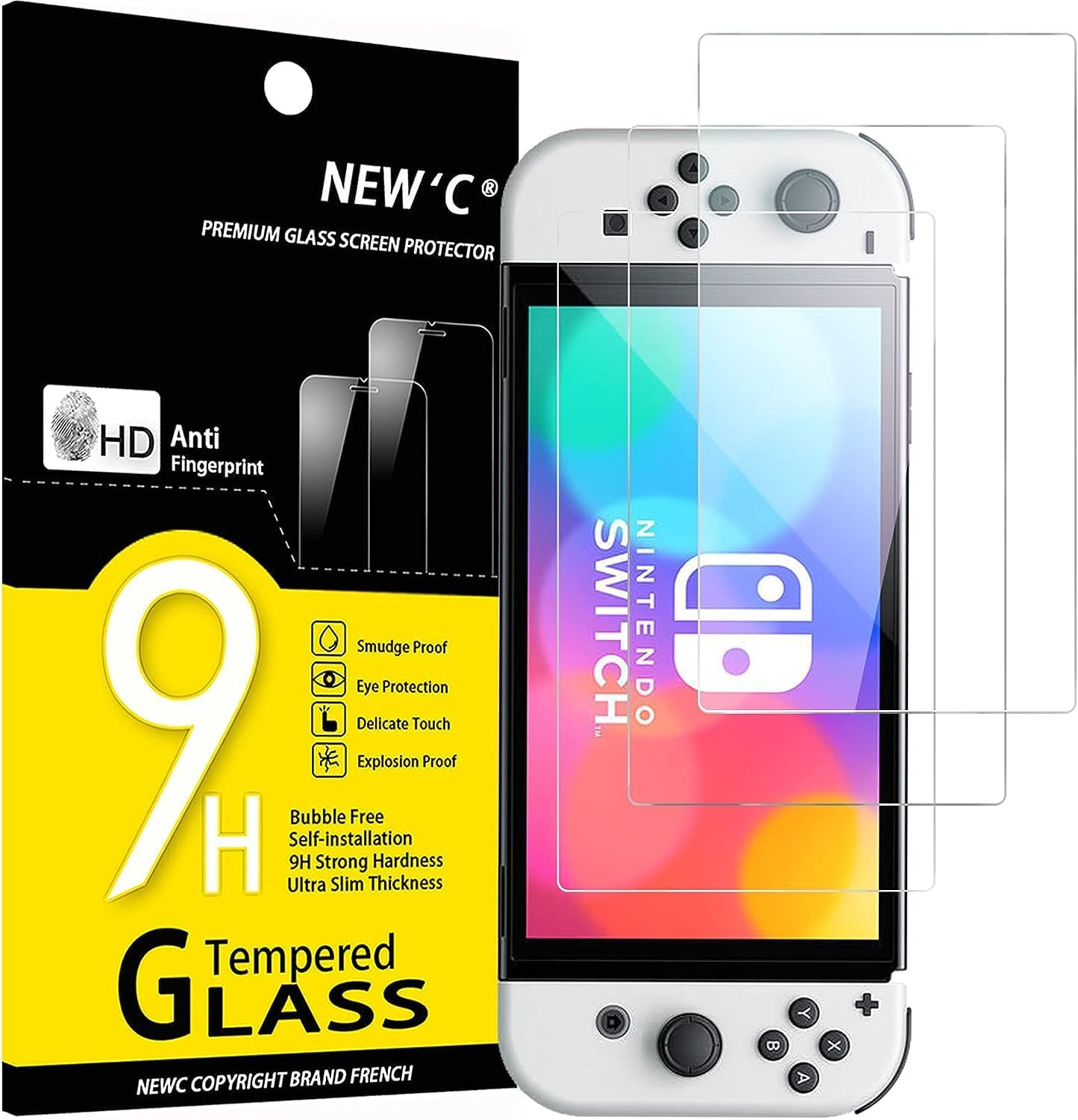 NEW'C gehard glas voor Nintendo Switch - OLED-model, displaybescherming | 3 stuks, HD transparant, hardheid 9H, krasbestendig, zonder luchtbellen, oleofobe, nauwkeurig touchscreen