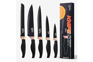 Toni Sharpe Kitchen Knife Set of 5 Black & Gold Knives - Stainless Steel Chef, Carving, Bread, Utility and Paring Knife for Cooking and Baking
