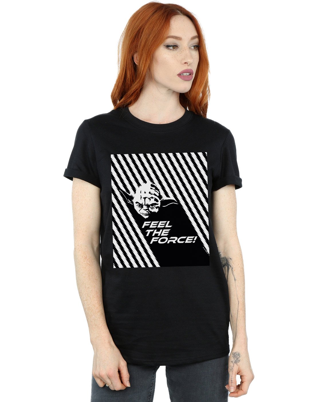 Star-Wars-Damen-Yoda-Feel-The-Force-Boyfriend-Fit-T-Shirt-Schwarz-Small