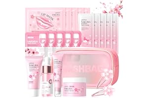 DONGCILL Sakura Ensemble de Soins de la Peau 21 Pièces,Avec nettoyant,Crème,Sérum,Sérum pour les yeux,Masque de boue,Masque de sommeil et Accessoires,Kit de Soins de La Peau Hydratants