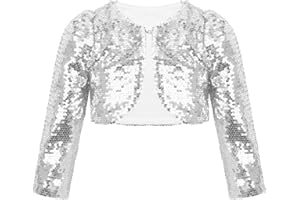 inlzdz Mädchen Bolero Pailletten Schulterjacke Kinder Festlich Glitzer Jäckchen Cardigan Top für Karneval Fasching Party Outfit Gold/Silber