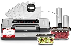 ‎CASO CASO VRH 800 Advanced Pro Vakuumierer – Flüssigkeiten vakuumieren, 20 l/min Doppelkolbenpumpe, -0,9 bar, Doppelnaht 30 cm, Rollenbox + Cutter, Edelstahl, Beutel & Boxen, für Fleisch & Fisch
